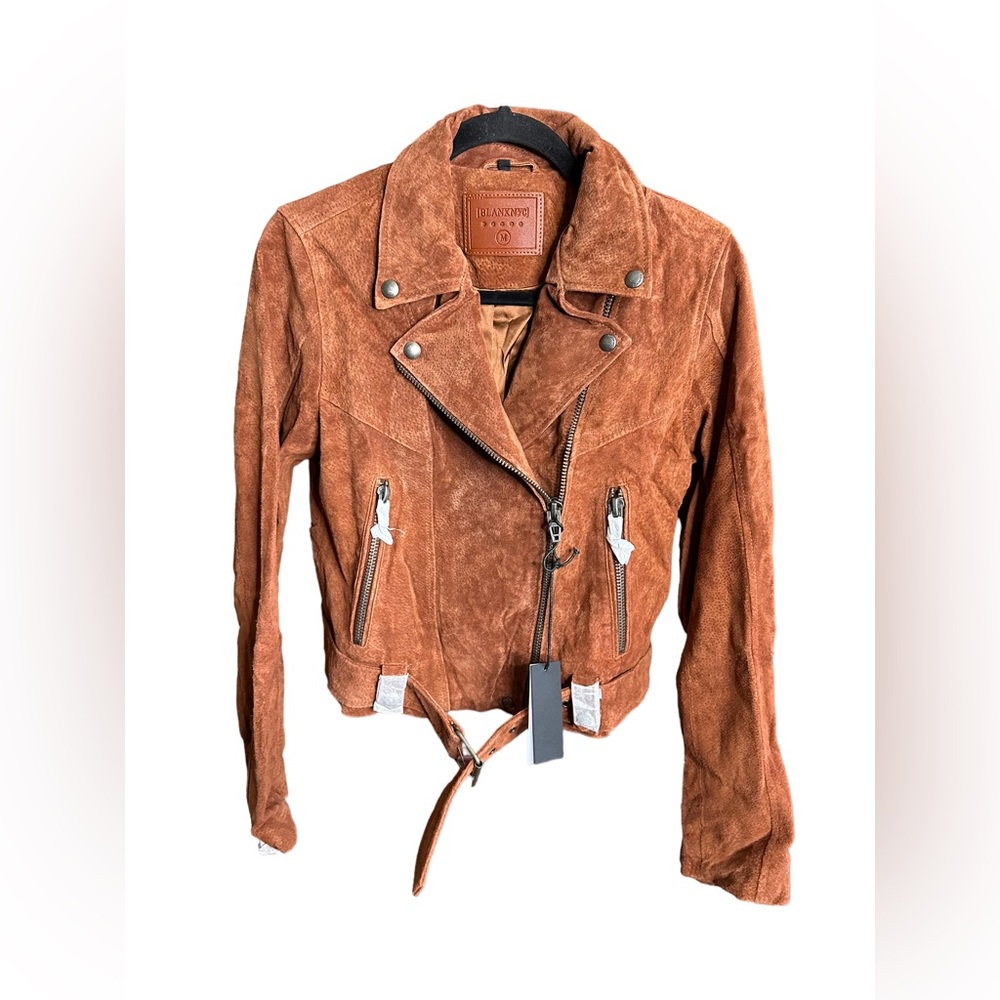 NEW Blank NYC Brown/ Tan Belted Front Zip Leather Jacket Size Small